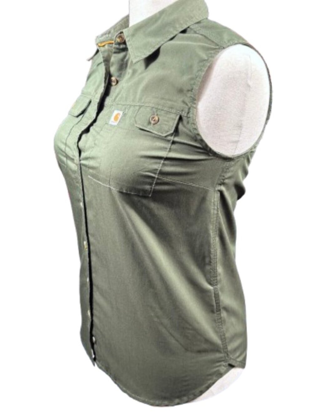 Carhartt Women’s Sleeveless Button Up Collared Green Gorpcore Granola Top (SZ M) - Picture 3 of 13